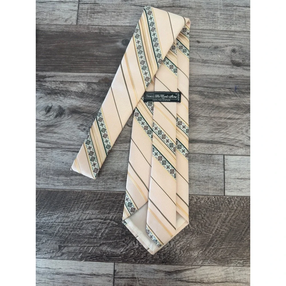 Sears The Men's Store Tie Peach Tan Geometric Striped Vintage Retro 70s Disco